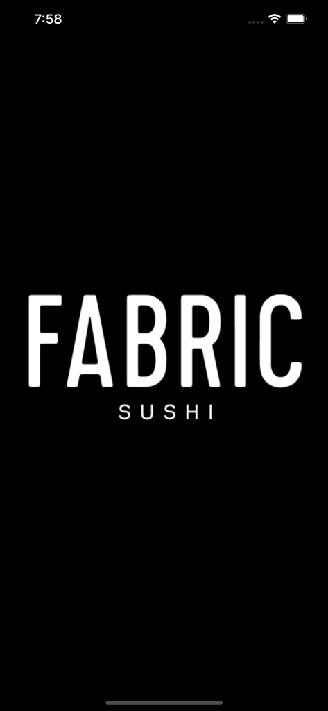 Fabric Sushi - Fabric Sushi app splash screen showing the brand logo in white on a black background