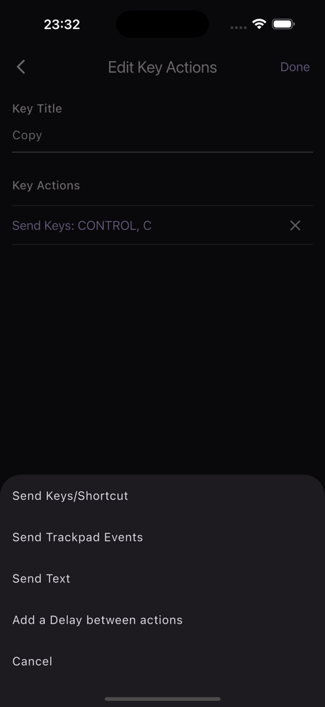 Remote Keyboard & Mouse - A screen in the Remote Keyboard app for editing custom key actions such as configuring a copy shortcut