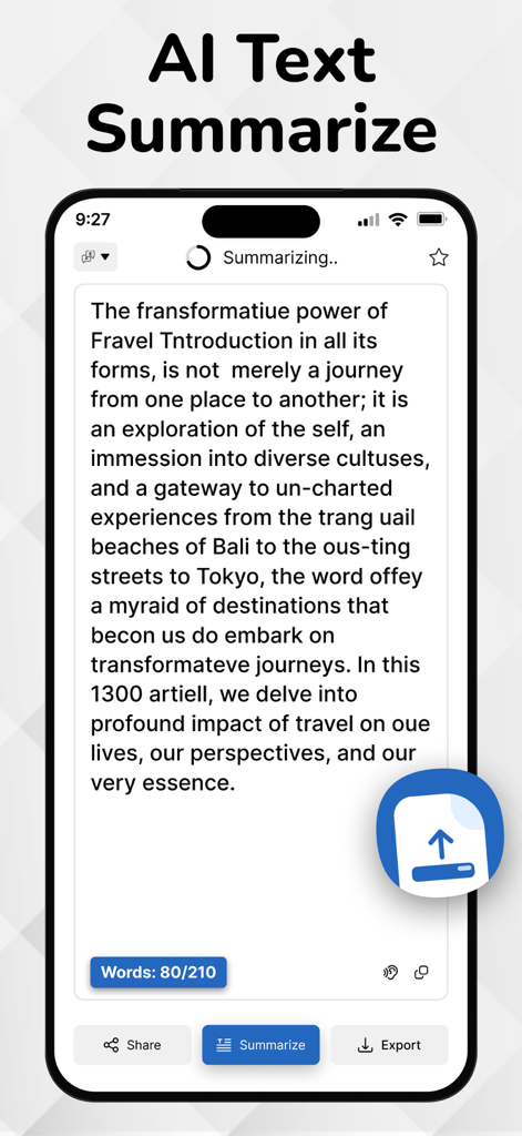 iPhone screen showing AI text summarization feature within the handwriting to text converter app