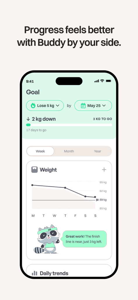 WeightBuddy: Calorie Tracker - Interface de l'application WeightBuddy montrant un graphique de progression de la perte de poids et une mascotte de raton laveur IA de soutien avec des messages de motivation.