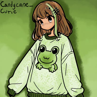 girl wearing frogging sweatshirt