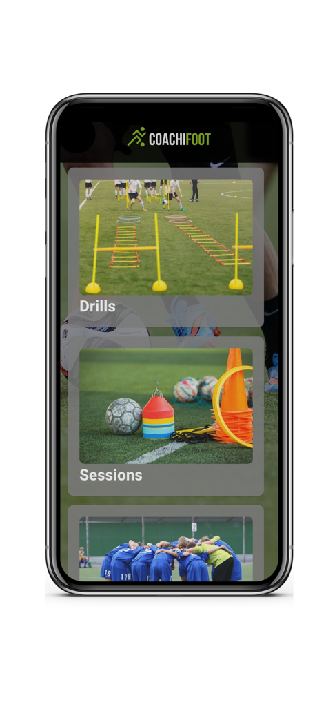Coachifoot Soccer Drills - Tela inicial do aplicativo Coachifoot exibindo o menu principal para exercícios de futebol e sessões de treinamento