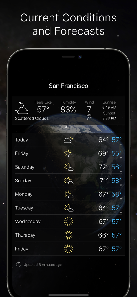 Living Earth weather app showing current conditions and 10 day forecast for San Francisco