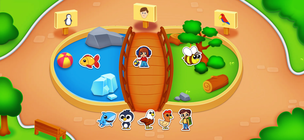 Educational game screen showing an animal habitat sorting activity for toddlers