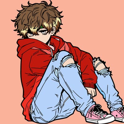 a male hoddie ripped jeans messy hair anime