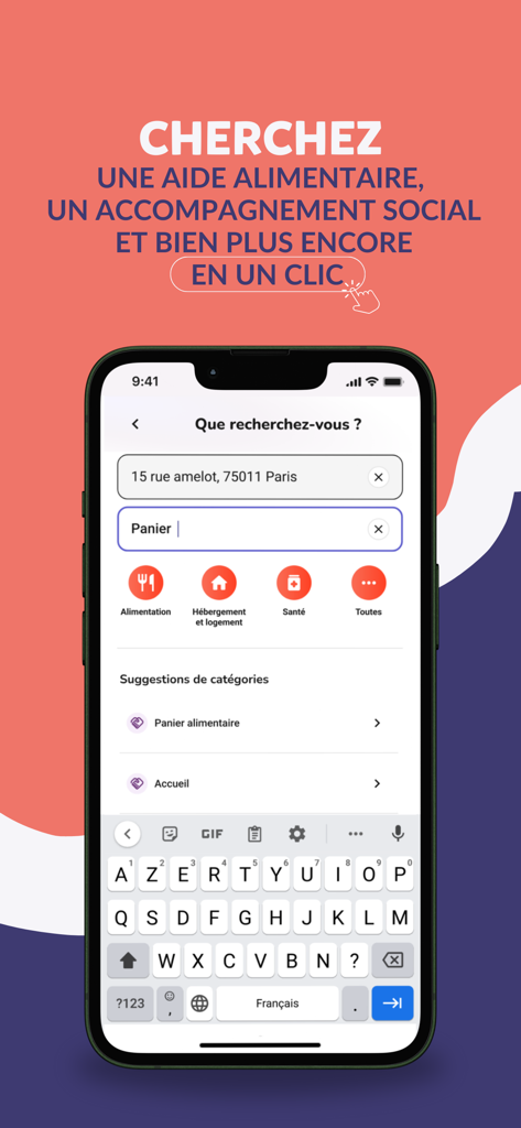 Soliguide - Soliguide app interface showing a search for food aid and social support services