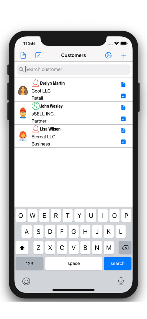 Customer Management - Contacts - Vue de la liste des contacts dans l'application Gestion des clients avec barre de recherche et catégories de clients