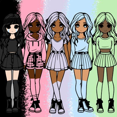 group of 6 realistic girls in a row