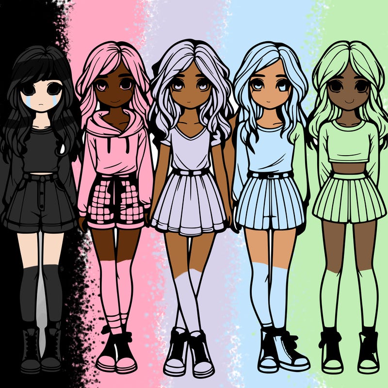 group of 6 realistic girls in a row