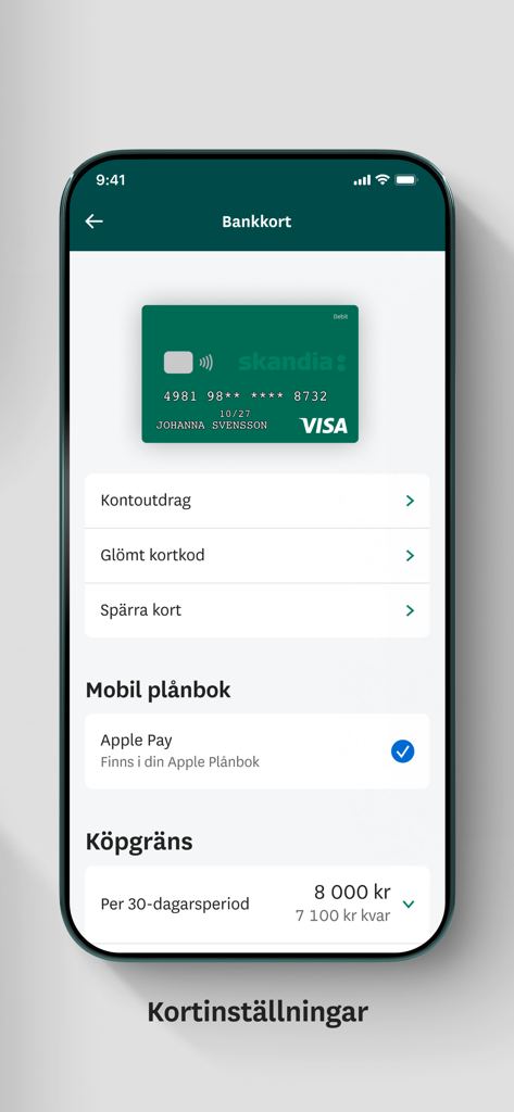 Skandia mobile banking app interface showing debit card management, Apple Pay activation, and monthly purchase limits.