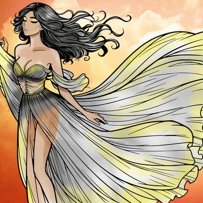 realistic woman in dress flowing the the wind