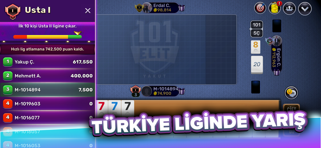 101 Yüzbir Okey Elit - 101 Yüzbir Okey Elit mobile game interface showing the Turkey League leaderboard and Master I ranking
