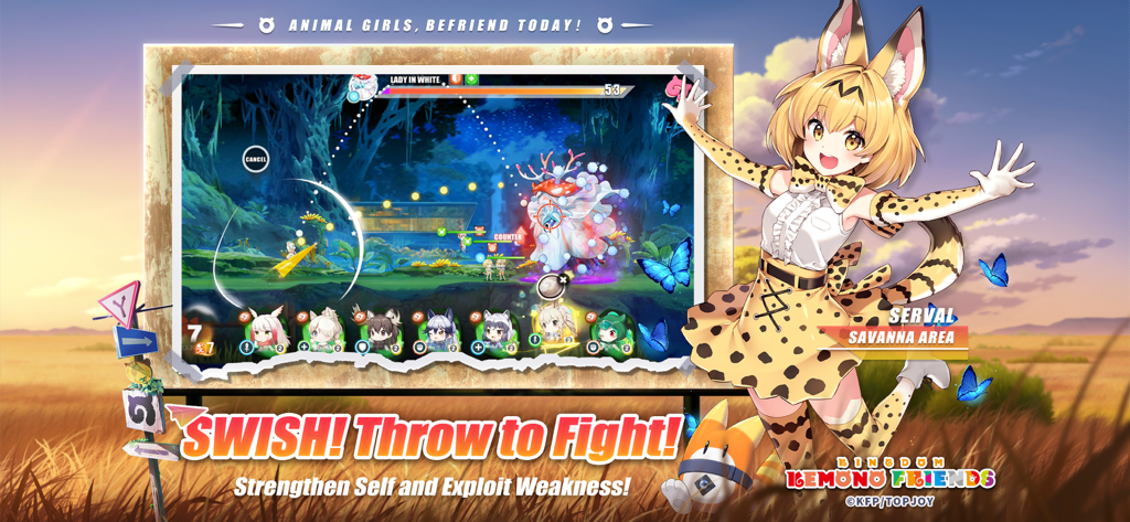Kemono Friends Kingdom mobile game screenshot showing Serval and slingshot combat mechanics