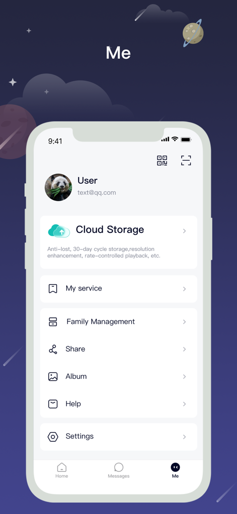 CloudEdge app profile interface showing cloud storage, family management, and settings menu.