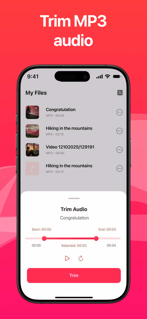 Audio Converter: Video to MP3ㅤ - Interface of the Audio Converter app displaying the MP3 trimming tool and file list.