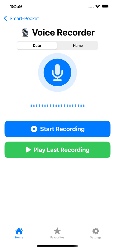Smart-Pocket - Herramienta de grabadora de voz dentro de la aplicación Smart-Pocket con botones de inicio de grabación y reproducción.