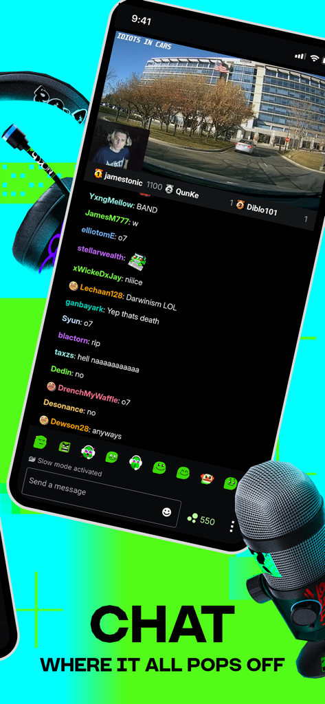 Screenshot der KICK Live-Streaming-App, der einen Echtzeit-Community-Chat während einer Live-Übertragung zeigt