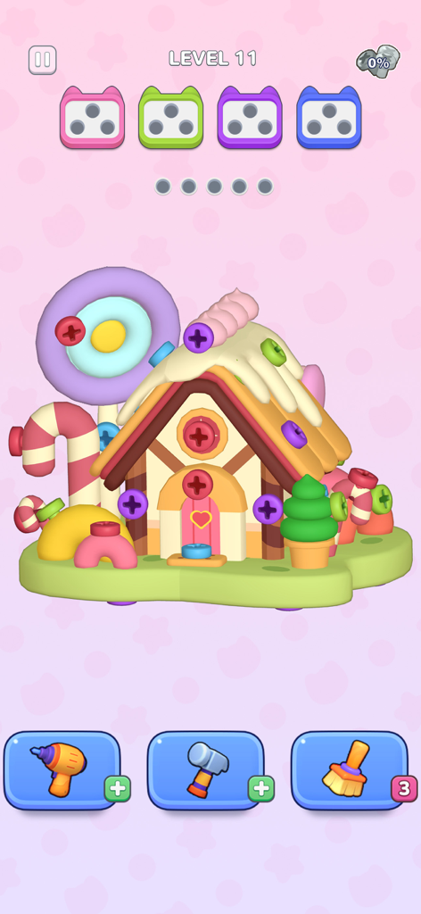 A colorful 3D screw puzzle game level featuring a gingerbread candy house with sorting mechanics and tools