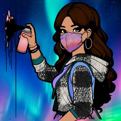 realistic girl with mask spray painting a wall