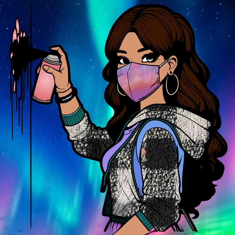 realistic girl with mask spray painting a wall