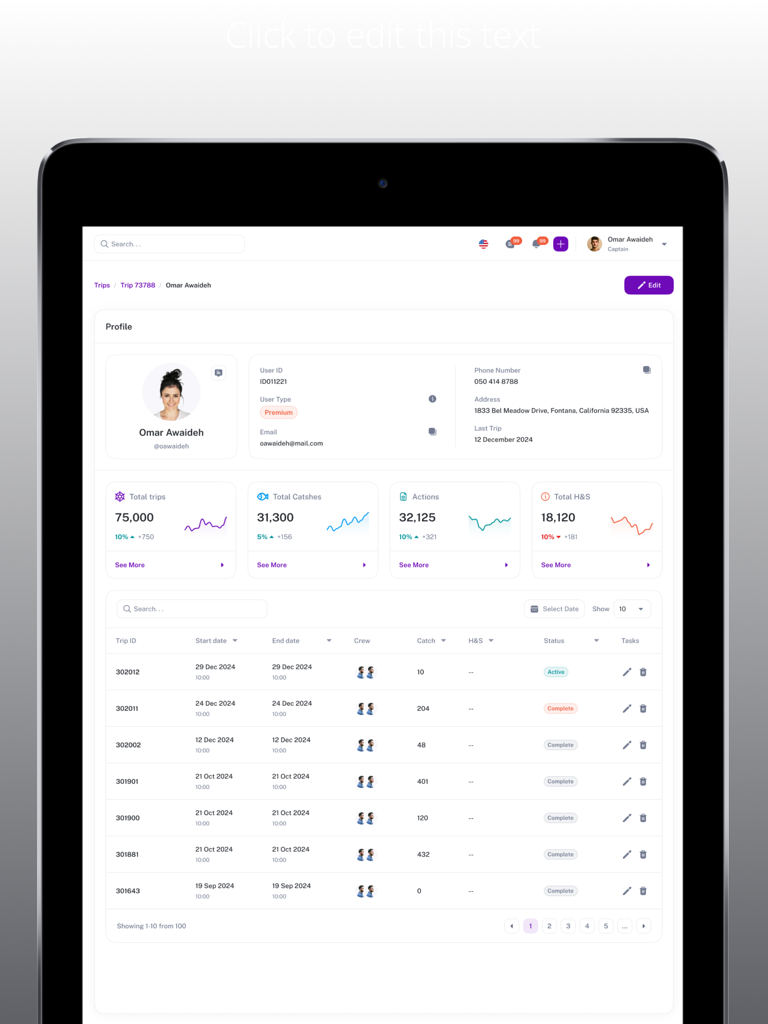 Vessel OPS - Vessel OPS dashboard showing captain profile stats and trip history log
