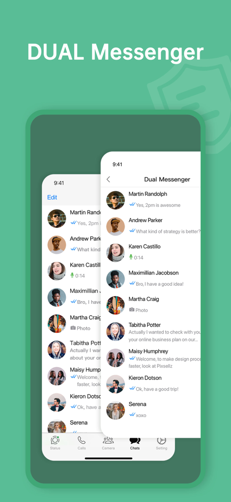 WAMR:Dual Messenger -Whats web - Screenshot of the Dual Messenger app interface displaying multiple chat conversations on an iPhone screen.