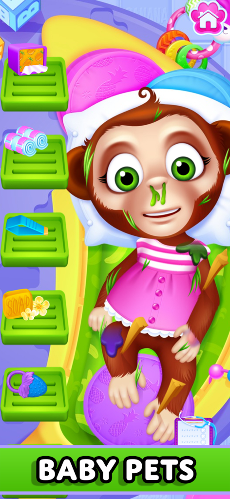 Baby Pet Puppy: Vet Makeover - A baby monkey character in need of medical care and grooming within the Baby Pet Puppy Vet Makeover game.