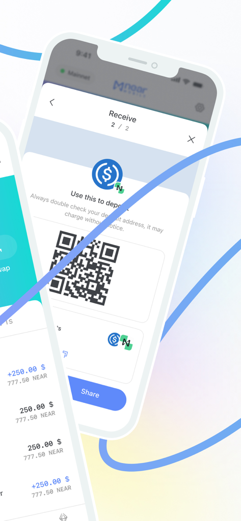 NEAR Mobile app interface showing a QR code to receive cryptocurrency deposits