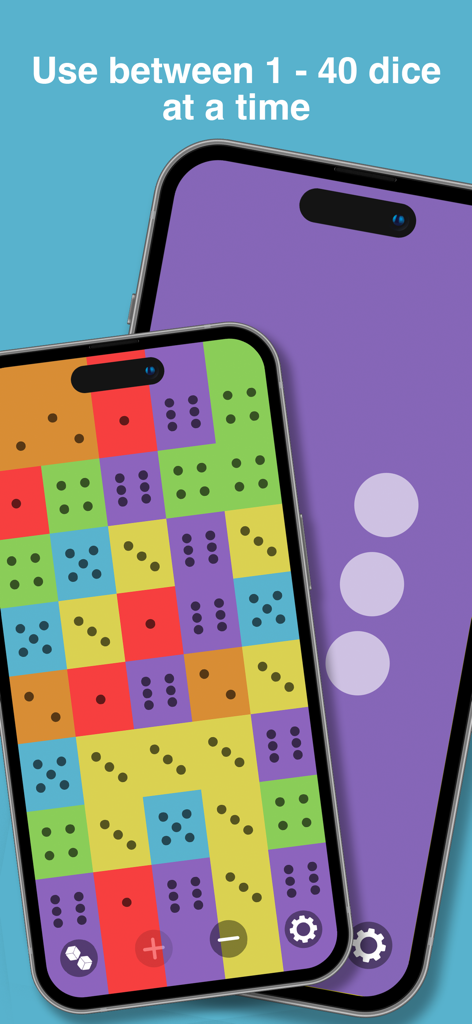 Interface do aplicativo móvel Dice Roller mostrando uma grade de quarenta dados coloridos em uma tela de smartphone