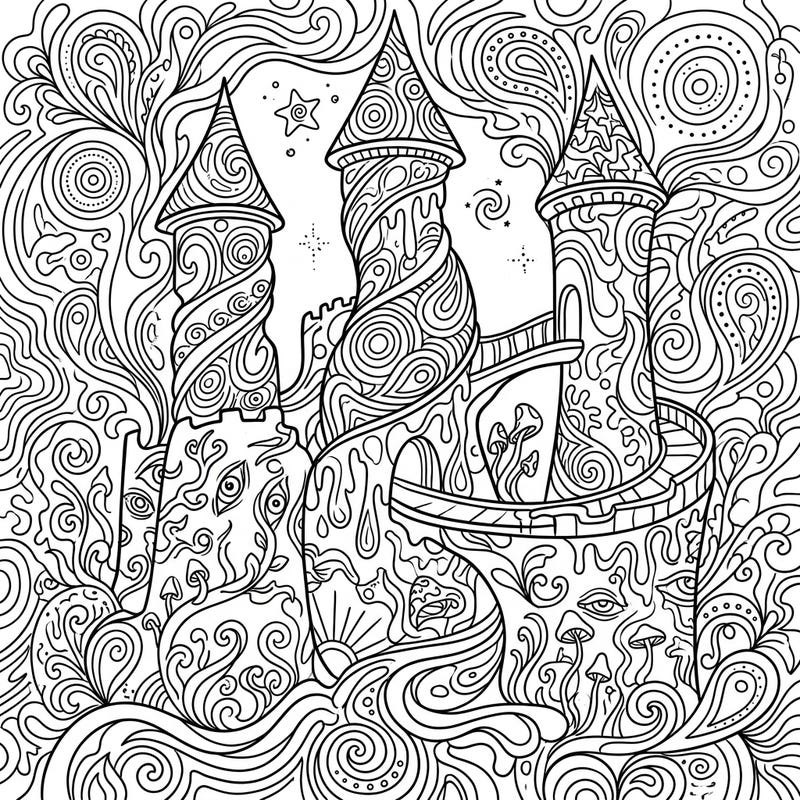 Embark on a fantastical journey with our Psychedelic Castle Towers coloring page, where ancient architecture meets mind-bending art. This intricate design promises hours of creative fun, transforming classic towers into a vibrant, surreal masterpiece.