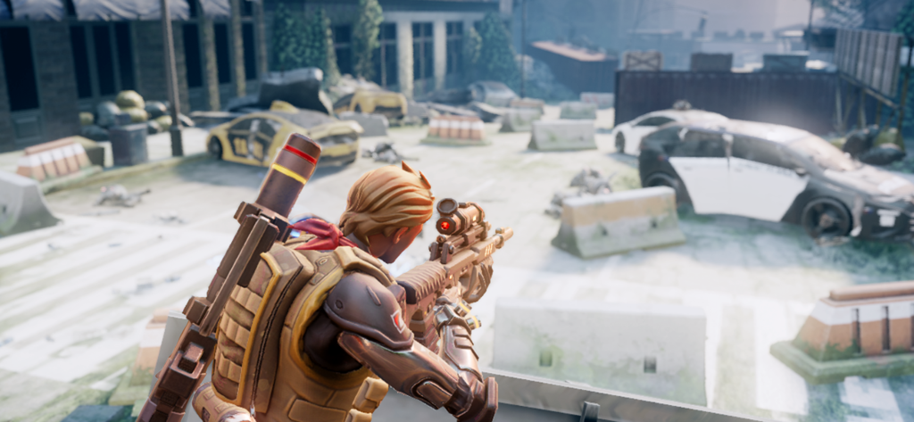 Hero Hunters - 3D Shooter wars - Third-person view of a hero aiming a rifle in a post-apocalyptic city battlefield