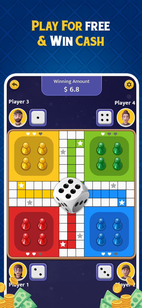 A digital Ludo board game interface showing a multiplayer match with a cash prize feature
