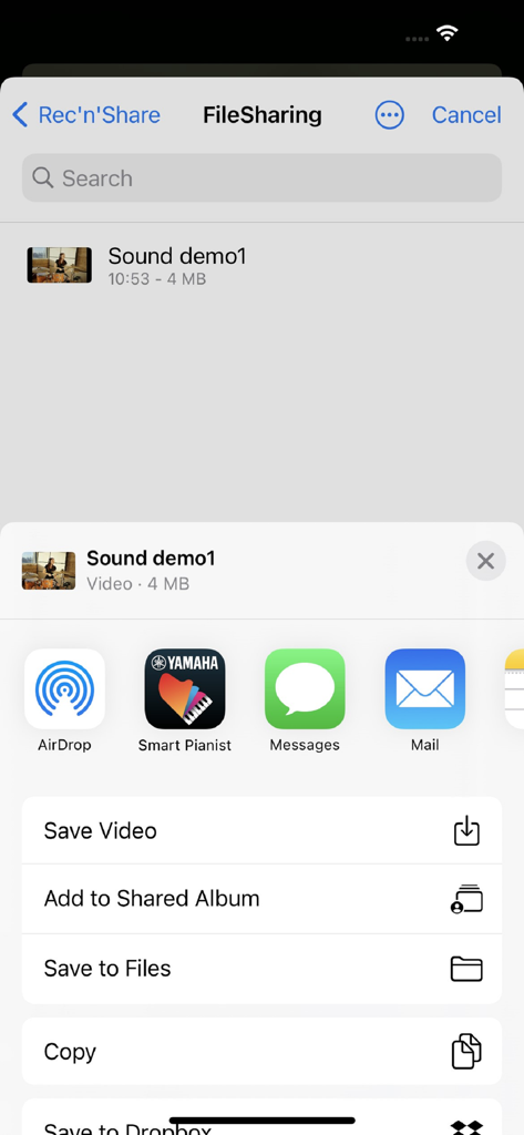 Yamaha Rec n Share app file sharing interface showing video export options on iOS