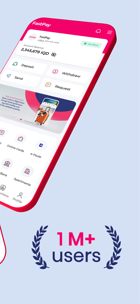 FastPay Wallet mobile app dashboard showing account balance and service options with a one million users milestone badge