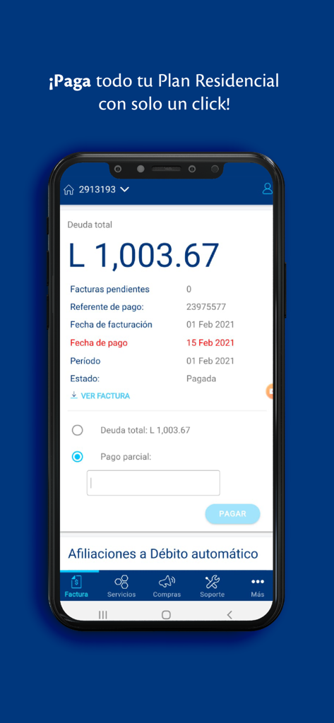 Interface de l'application Mi Tigo Honduras affichant l'écran de paiement de la facture du forfait résidentiel avec une dette totale en lempiras.