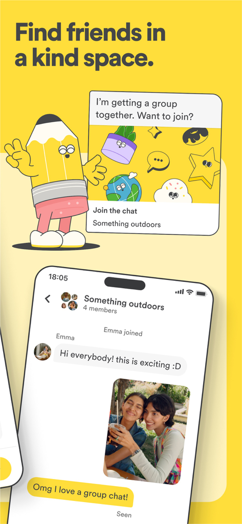 Interfaz de la aplicación Bumble For Friends que muestra un chat grupal para actividades al aire libre con personas que se reúnen en un espacio amable.