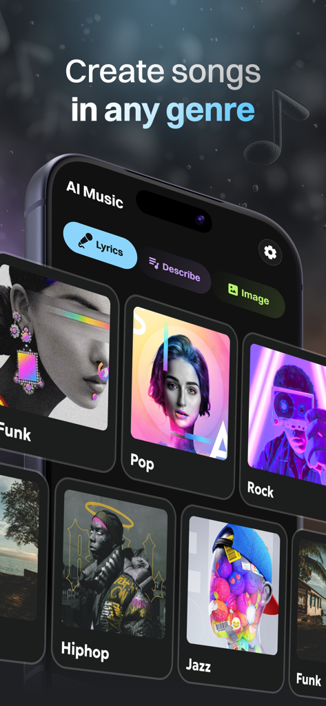 AI Music, Song Generator: Tune - Interface of AI Music Tune app displaying a variety of music genres like Pop, Rock, and Hiphop for AI song generation.