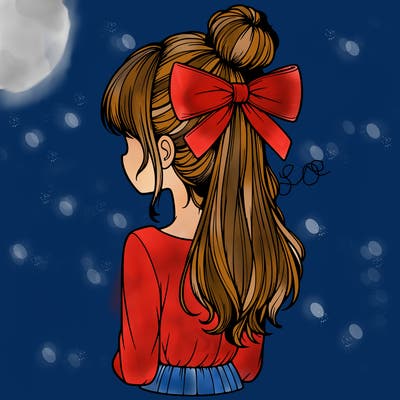 realistic girl  with hip length hair a bun and a big bow on the back of head