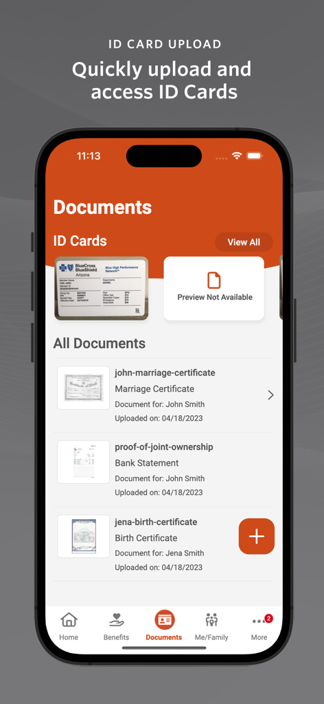 The bswift Mobile app documents screen showing digital insurance ID cards and uploaded personal records like birth and marriage certificates.