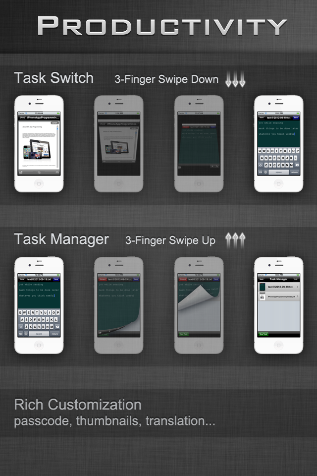 File Manager - Folder Plus - Screenshots showing three-finger swipe gestures for task switching and management in the Folder Plus app