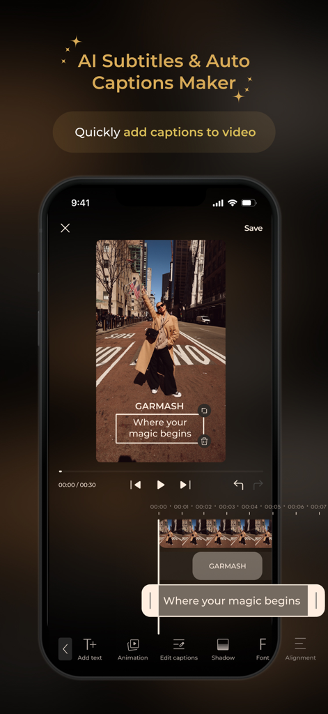 Captions & Filters – GARMASH - Mobile video editor interface showing automatic AI subtitles and captioning tools
