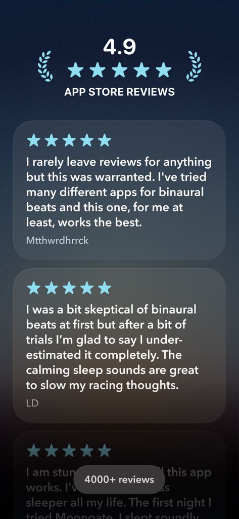Moongate: Binaural Beats - Testimonios positivos de usuarios y una calificación de 4.9 estrellas para la aplicación Moongate Binaural Beats