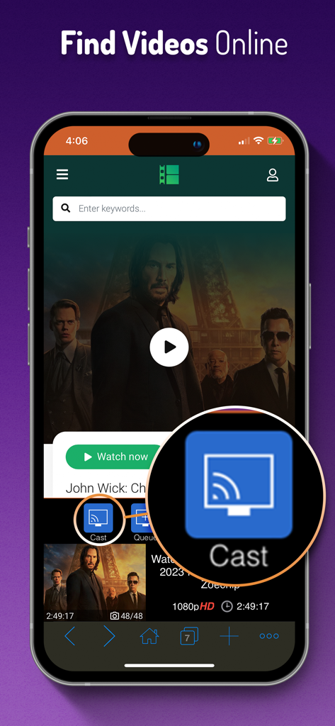 Cast Web Videos to Roku TV - Interfaz de la aplicación Roku cast que muestra cómo encontrar y buscar videos en línea para transmitir en TV