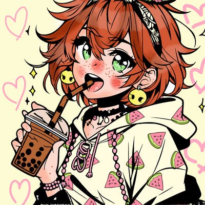 hot baddie anime girl drinking boba and biting the straw