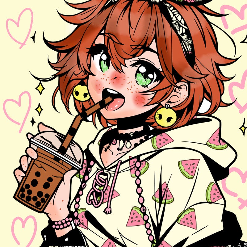 hot baddie anime girl drinking boba and biting the straw