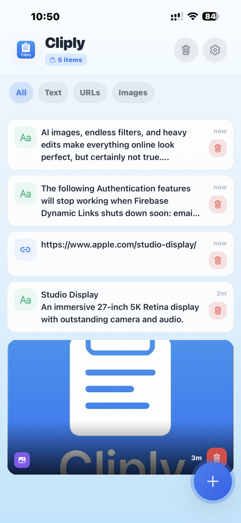 Cliply - Clipboard Manager - Main interface of the Cliply app displaying a history of copied text snippets URLs and images in a organized list