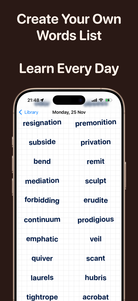 Vocabulary Builder Dictionary - Interface of the Vocabulary Builder app showing a customized list of words for daily learning
