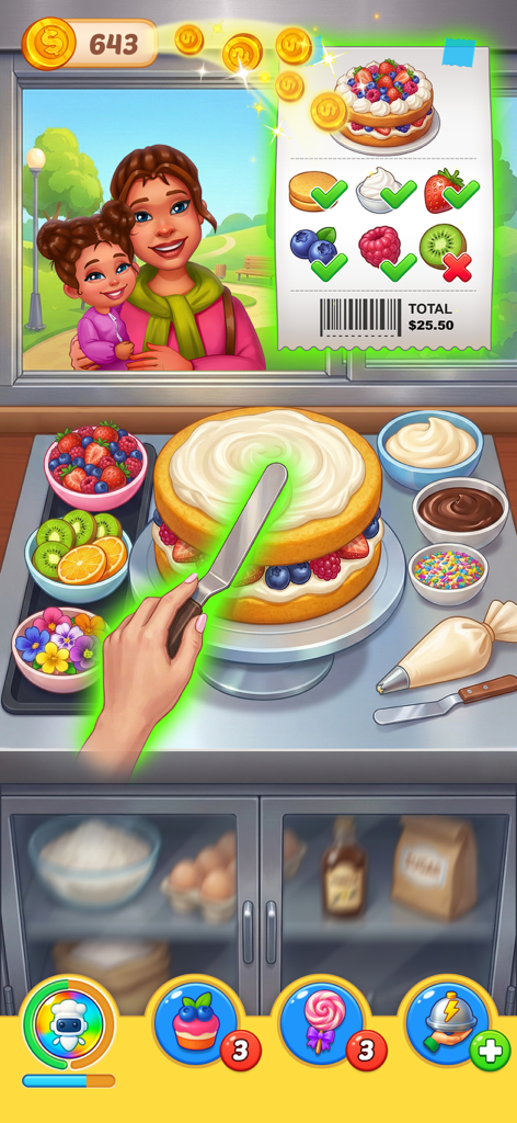 Cooking Crush Cooking Games - A hand spreading frosting on a fruit layer cake in a restaurant kitchen game