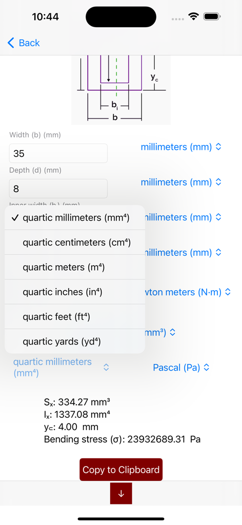 Beam Stress Calculator Beamer - Beam stress calculator interface showing engineering results and a unit selection menu for area moment of inertia.