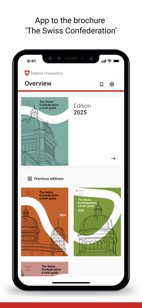 Overview of the CH info app displaying annual editions of the Swiss Confederation brief guide.